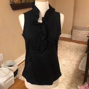 Black cotton sleeveless blouse with ruffle collar